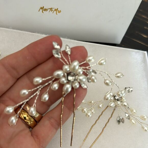 Hair Couture Pearl & Rhinestone Jewel wedding formal occasion Hair Pins set of 3